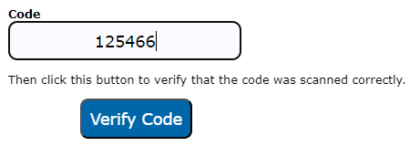 A example verification code is entered into the text box and the verify code button is visible.