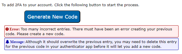 A button to Generated New Code is shown with an error messages explaining that too many incorrect attempts were performed. 